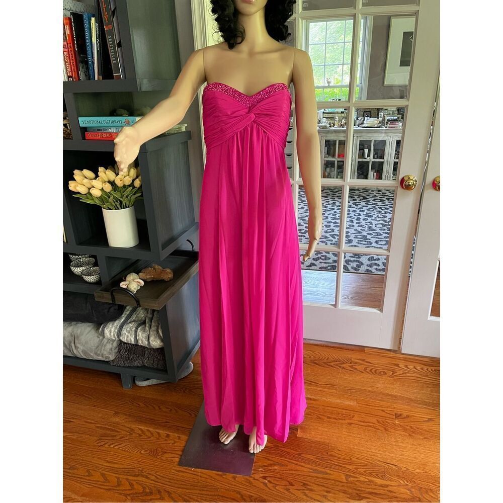 David’s Bridal Hot Pink Chiffon Crystal Embellished Grecian Prom Dress Bridesmai